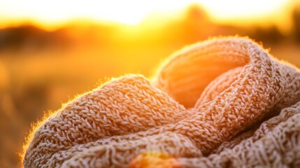 Poster - Cozy knit scarf basking in warm sunlight during a serene sunset : Generative AI