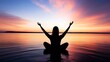 © Generative AI - Silhouette of a serene person meditating in front of a colorful sunset reflecting in calm water : Generative AI