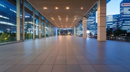 Poster - Modern atrium showcasing spacious interior with glass walls and ambient lighting in an urban setting : Generative AI