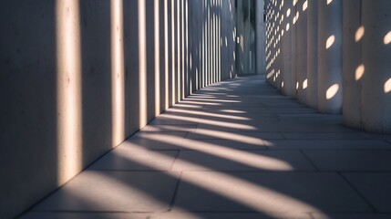 Aufkleber - Intriguing pathway with dramatic shadows and light play created by vertical structures enhancing visual depth and perspective : Generative AI