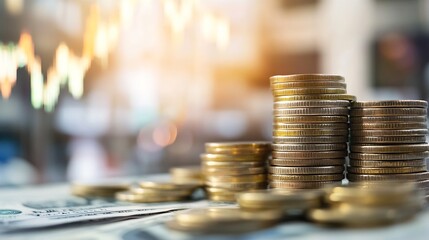 Aufkleber - Close up view of stacked coins on cash highlighting financial growth and investment strategies : Generative AI