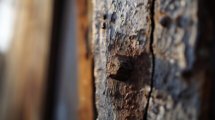 Poster - Close up of weathered wood with a rusty nail and grain patterns showcasing textures and natural beauty : Generative AI