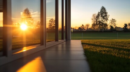 Aufkleber - Golden Sunset Reflected in Modern Glass Architecture : Generative AI