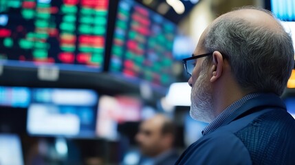 Poster - Focused investor observing stock market performance metrics displayed on large screens : Generative AI