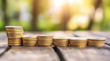 Poster - Stunning Rows of Gold Coins Stacked on Wooden Table Surrounded by Blur and Light : Generative AI