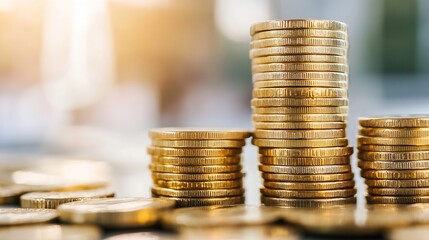 Aufkleber - Multiple stacks of gleaming gold coins glimmering in the sunlight symbolizing wealth and success : Generative AI