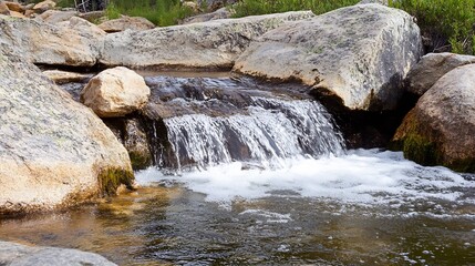 Poster - Tranquil stream gently flowing over smooth stones in a serene natural environment : Generative AI