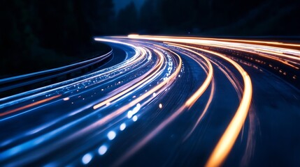 Fototapete - Dynamic long exposure shot capturing light trails from vehicles on a winding road at dusk : Generative AI