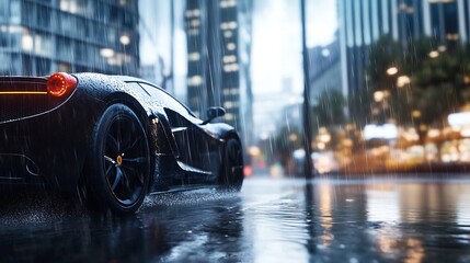 Aufkleber - Sleek black sports car parked under rain in illuminated urban scene with reflections on wet pavement : Generative AI