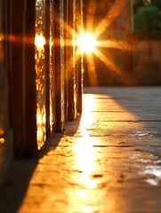 Poster - Golden sunlight shining through a window casting dramatic warm shadows on a stone floor : Generative AI