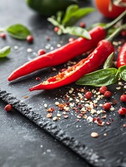 Poster - Fresh red chili peppers with spices and herbs on a sleek black slate background : Generative AI