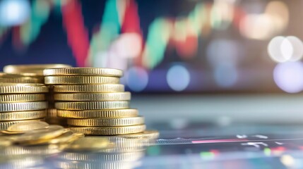 Aufkleber - Piles of coins for investment with financial charts in the background showing growth and wealth : Generative AI