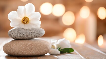 Poster - Elegant Blooming White Flower on Smooth Pebbles with Cozy Background : Generative AI