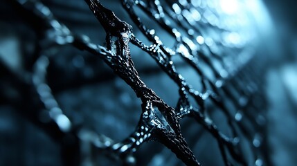 Poster - Close Up of a Textured Dark Black Metal Fence with Blueish Light Background : Generative AI