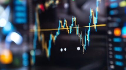 Fototapete - Dynamic stock market graph showing fluctuating prices and trends on a digital display screen in a dark room : Generative AI