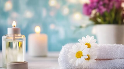 Aufkleber - Relaxing Spa Scene with Candles Flowers and Soft Towels for a Calm Atmosphere : Generative AI