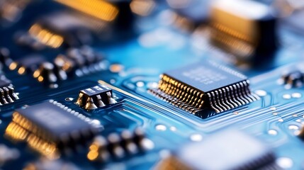 Leinwandbilder - Close-Up of Detailed Electronic Circuit Board with Microchips and Blue LED Lights : Generative AI