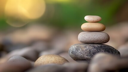 Fototapete - Calm and balanced arrangement of stacked pebbles surrounded by blurred nature providing a sense of tranquility and peace : Generative AI