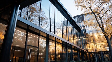 Poster - Modern glass building surrounded by autumn trees reflecting golden light during sunset : Generative AI