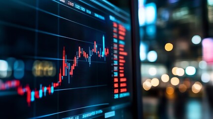 Leinwandbilder - Dynamic Stock Market Graph Display with Fluctuating Data Points and City Lights : Generative AI