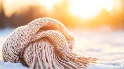 Poster - Cozy knitted scarf resting on snow with warm sunlight in the background for winter vibes : Generative AI