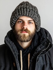 Poster - A bearded man wearing a knitted hat and a warm coat poses confidently in a cozy indoor setting : Generative AI