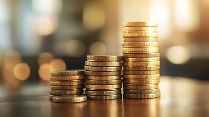 Aufkleber - Stacks of shiny gold coins representing wealth and financial growth in a blurred background : Generative AI