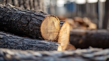 Poster - Freshly Cut Logs Stacked Neatly in Natural Environment with Soft Focus on Wood Grain Details : Generative AI