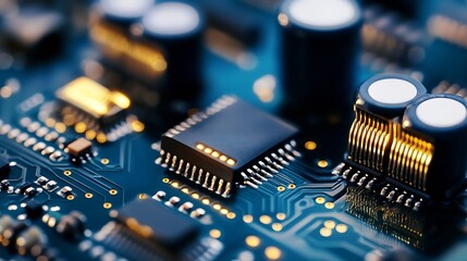Leinwandbilder - Detailed View of Electronic Chip with Gold Connectors and Circuitry : Generative AI