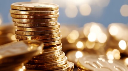 Aufkleber - Shiny gold coins stacked against blurred light background for wealth concept : Generative AI