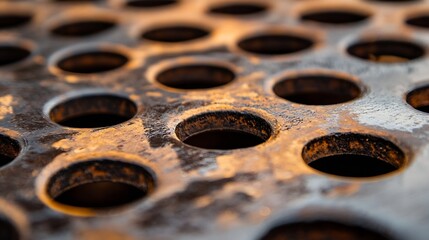 Poster - Rusty metal grate showing intricate circular patterns under dramatic lighting : Generative AI