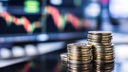 Aufkleber - Stacks of Golden Coins with Trading Graph Background Representing Dynamic Market Trends : Generative AI