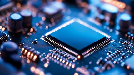 Aufkleber - Detailed close up of a black computer chip on a shiny circuit board with glowing components : Generative AI