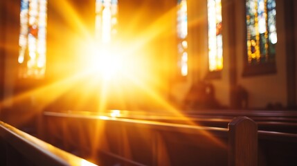 Aufkleber - Stunning interior of a church with sunlight streaming through stained glass windows creating a warm ambiance : Generative AI