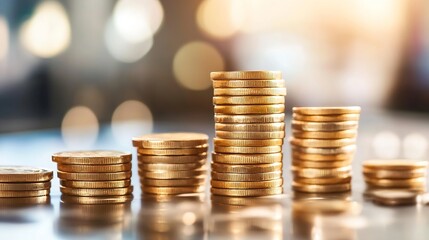 Poster - Stacks of Golden Coins on Reflective Surface with Soft Bokeh Background : Generative AI