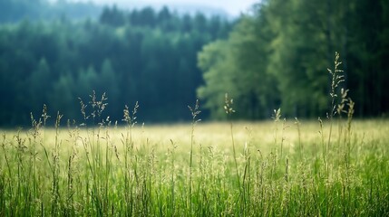 Aufkleber - Lush green grass in a sunlit meadow surrounded by dense forest in a tranquil natural setting : Generative AI