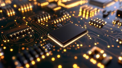Fototapete - Macro view of a circuit board with glowing lights and microprocessors : Generative AI