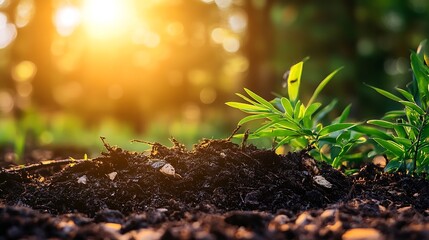 Wall Mural - Close up view of plants growing from rich soil in a sunlit forest during golden hour : Generative AI