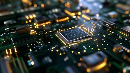 Leinwandbilder - Futuristic Close Up of Microprocessor on Advanced Circuit Board with Bright LED Lights : Generative AI