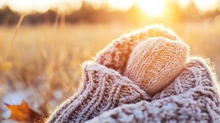 Poster - Cozy wool sweater and knitted hat snugly arranged glowing in warm sunset light : Generative AI
