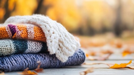 Poster - Cozy Knit Sweaters Stacked Together in Autumn Setting Surrounded by Colorful Leaves : Generative AI