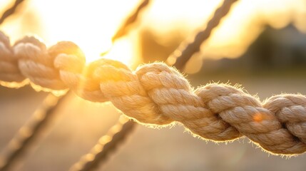 Aufkleber - Closeup of a beautifully braided rope illuminated by warm sunlight creating a glowing effect : Generative AI