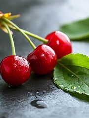 Poster - Fresh cherries with droplets of water on dark stone and vibrant green leaves showcasing natural freshness : Generative AI