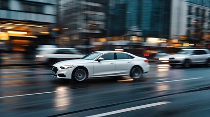 Poster - Dynamic motion shot of a sleek white car speeding through a city street capturing the essence of urban life : Generative AI