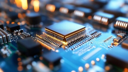 Leinwandbilder - Detailed Close Up of a Microchip on a Circuit Board Highlighting the Components and Lights : Generative AI