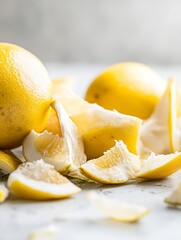 Aufkleber - Freshly peeled lemons scattered on a marble surface showcasing vibrant yellow colors and juicy texture : Generative AI