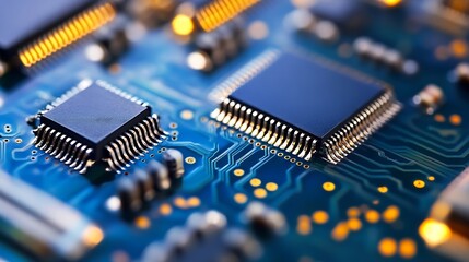 Leinwandbilder - Close up macro shot of computer chip on circuit board showcasing technology details : Generative AI