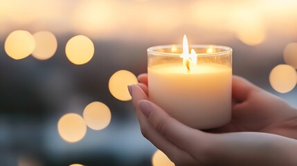 Aufkleber - Elegant Candle in Hands with Soft Glow Against Bokeh Lights Background : Generative AI