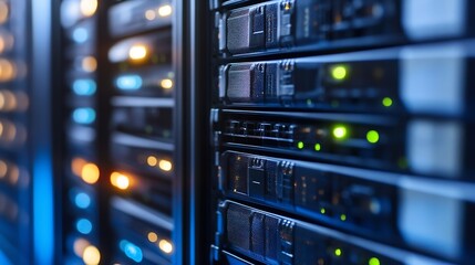 Leinwandbilder - Close-up view inside a modern data center showcasing rows of illuminated server racks : Generative AI