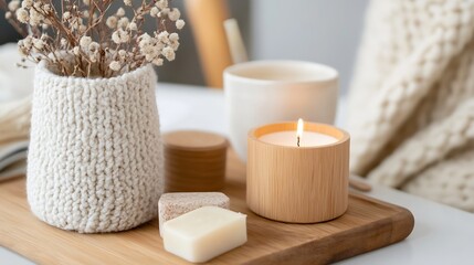 Fototapete - Cozy home decor featuring candles, flowers, and soft textures on a wooden tray : Generative AI